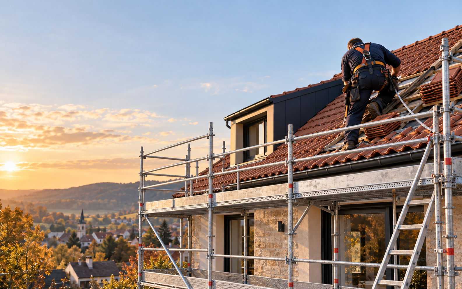 Artisan couvreur travaillant depuis un échafaudage sécurisé